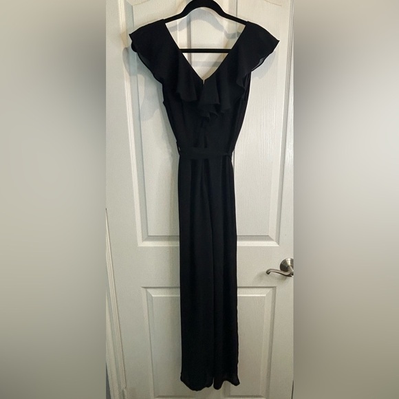 🖤”Mi Ami” Elegant Black Ruffle “Chiffon” Belted Jumpsuit and Zip Back Size XS 🖤 - Picture 4 of 13